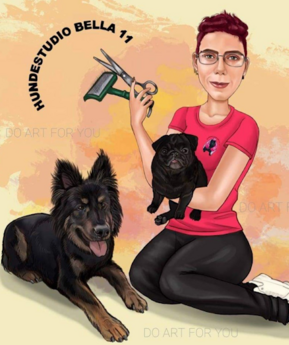 Zeichnung der Inhaberin mit Hunden